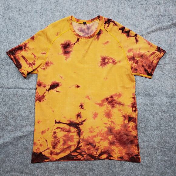 Lululemon Shirt Mens Large Metal Vent Tech Crew Neck Tie Dye Orange Red Yellow - Picture 1 of 7